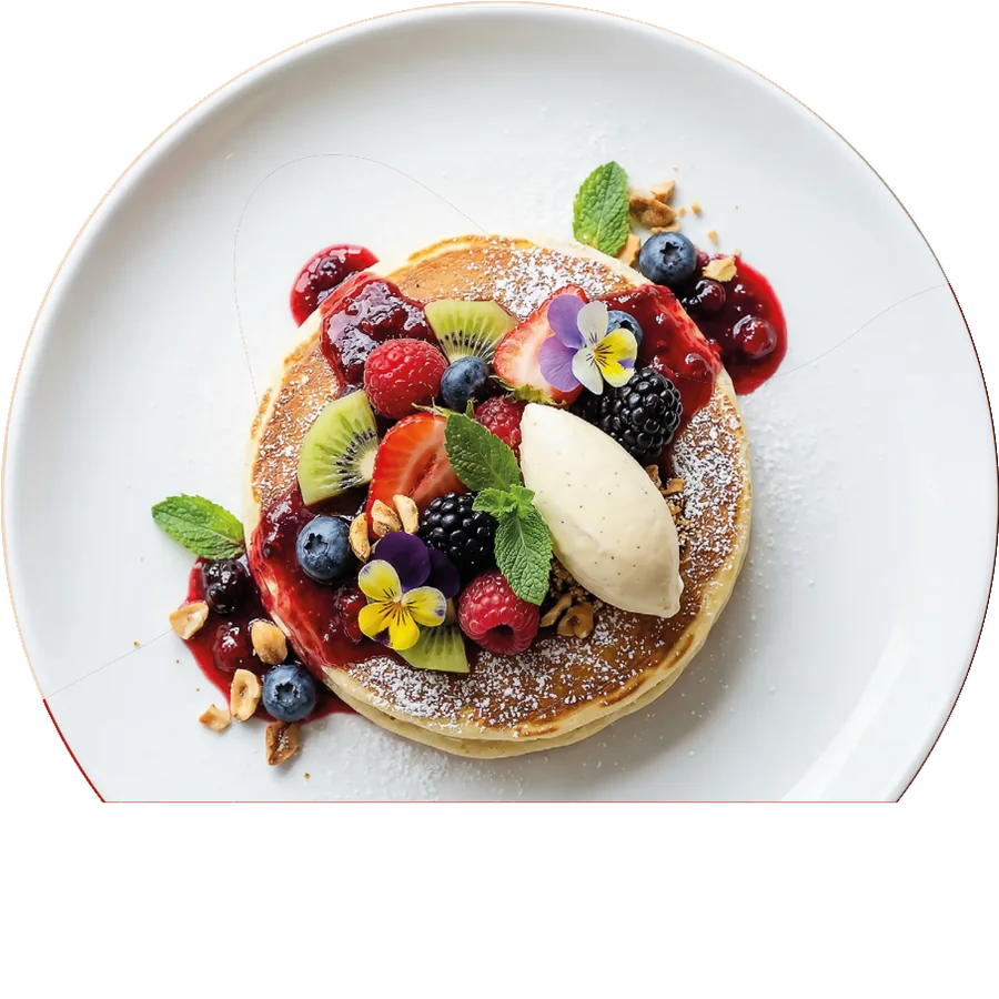 Berry Pancakes mit frischen Beeren, Kiwi und Vanillecreme