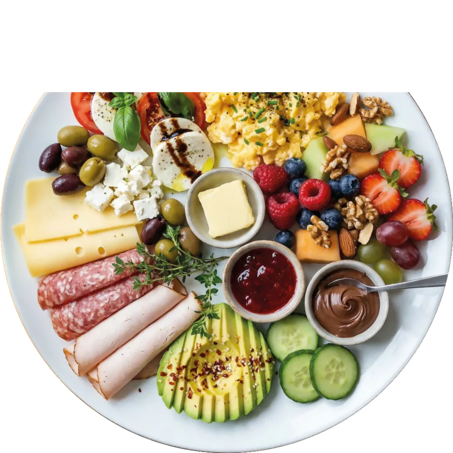 Gemischte Frühstücksplatte mit Käse, Aufschnitt, Avocado, Obst und Dips